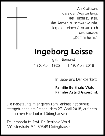 Anzeige von Ingeborg Leisse von Kölner Stadt-Anzeiger / Kölnische Rundschau / Express