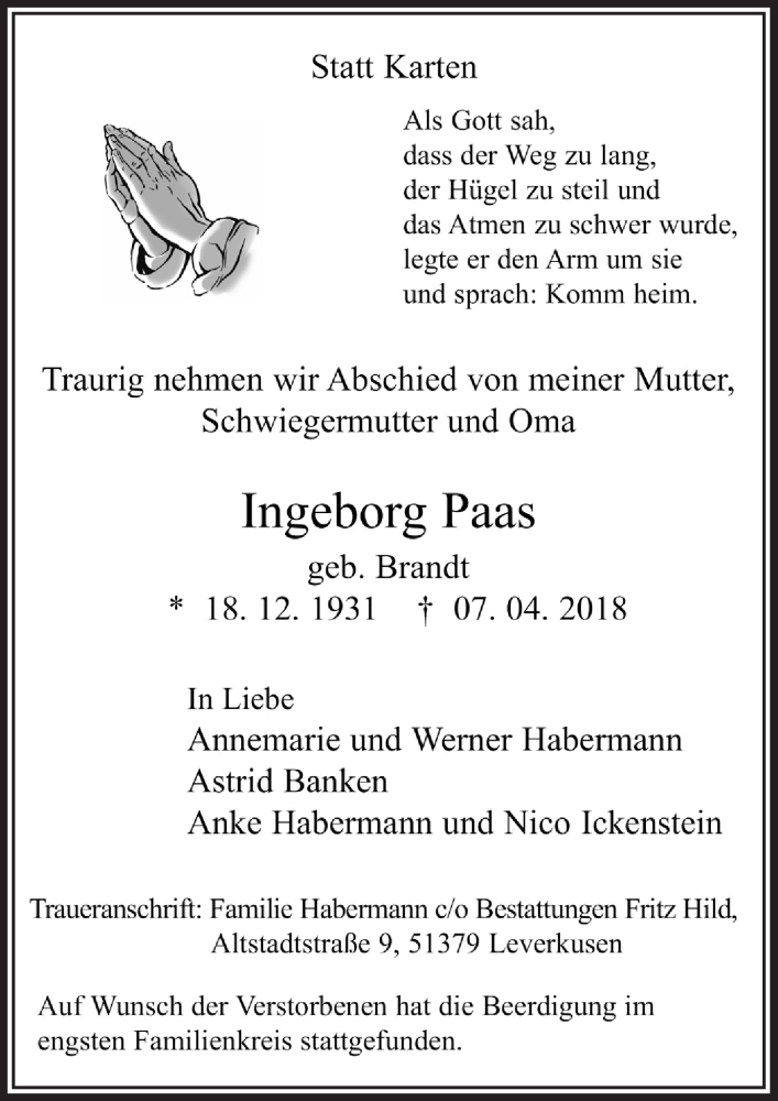  Traueranzeige für Ingeborg Paas vom 28.04.2018 aus  Leverkusener Wochenende 