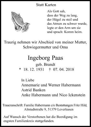 Anzeige von Ingeborg Paas von Kölner Stadt-Anzeiger / Kölnische Rundschau / Express