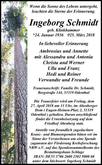 Anzeige von Ingeborg Schmidt von Kölner Stadt-Anzeiger / Kölnische Rundschau / Express