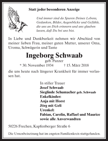 Anzeige von Ingeborg Schwaab von  Wochenende 