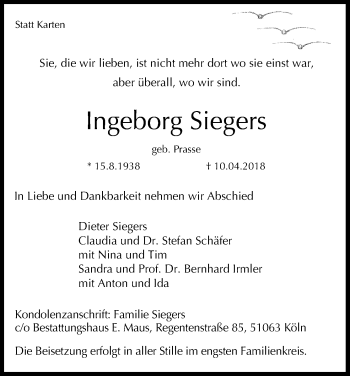 Anzeige von Ingeborg Siegers von Kölner Stadt-Anzeiger / Kölnische Rundschau / Express