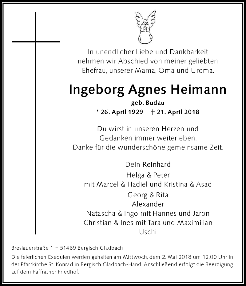  Traueranzeige für Ingeborg Agnes Heimann vom 28.04.2018 aus Kölner Stadt-Anzeiger / Kölnische Rundschau / Express