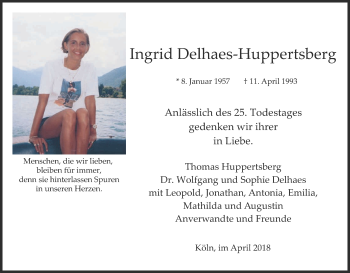 Anzeige von Ingrid Delhaes-Huppertsberg von Kölner Stadt-Anzeiger / Kölnische Rundschau / Express