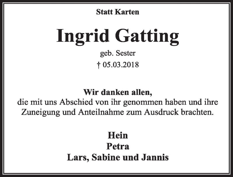  Traueranzeige für Ingrid Gatting vom 07.04.2018 aus  Sonntags-Post 