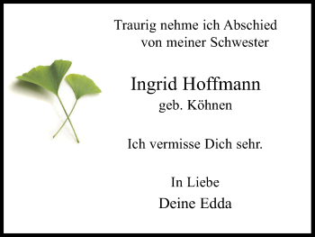Anzeige von Ingrid Hoffmann von Kölner Stadt-Anzeiger / Kölnische Rundschau / Express