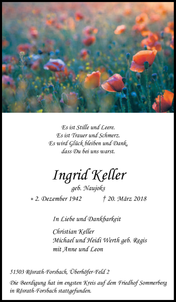 Anzeige von Ingrid Keller von Kölner Stadt-Anzeiger / Kölnische Rundschau / Express