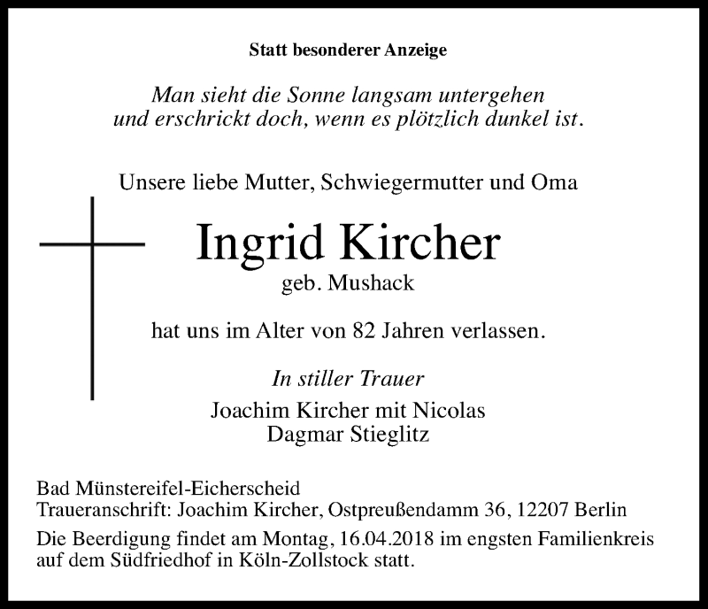  Traueranzeige für Ingrid Kircher vom 14.04.2018 aus Kölner Stadt-Anzeiger / Kölnische Rundschau / Express