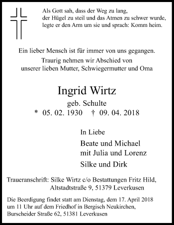 Anzeige von Ingrid Wirtz von Kölner Stadt-Anzeiger / Kölnische Rundschau / Express