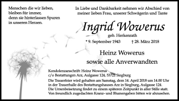 Anzeige von Ingrid Wowerus von Kölner Stadt-Anzeiger / Kölnische Rundschau / Express