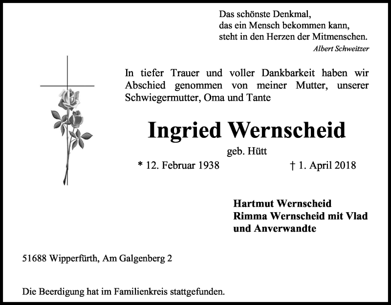  Traueranzeige für Ingried Wernscheid vom 12.04.2018 aus Kölner Stadt-Anzeiger / Kölnische Rundschau / Express