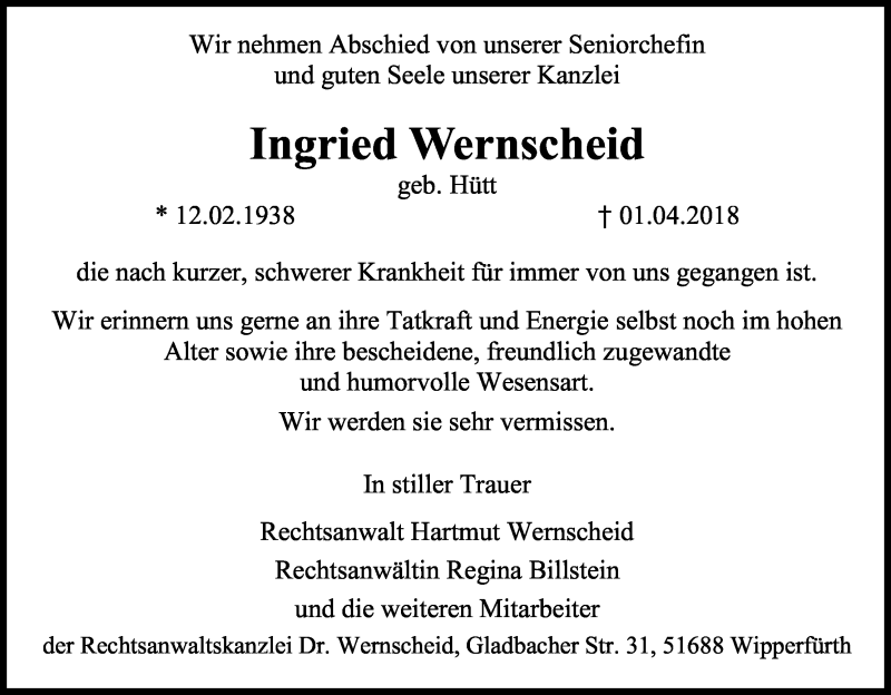  Traueranzeige für Ingried Wernscheid vom 12.04.2018 aus Kölner Stadt-Anzeiger / Kölnische Rundschau / Express