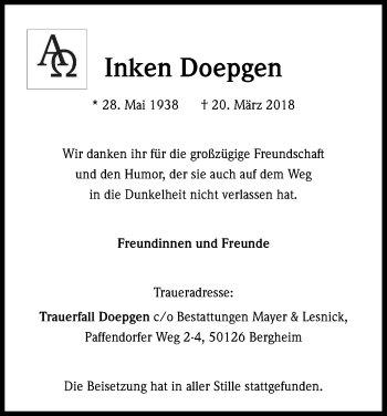 Anzeige von Inken Doepgen von Kölner Stadt-Anzeiger / Kölnische Rundschau / Express