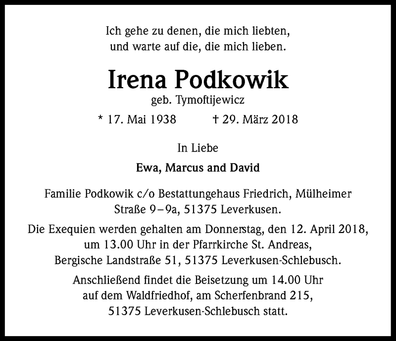  Traueranzeige für Irena Podkowik vom 07.04.2018 aus Kölner Stadt-Anzeiger / Kölnische Rundschau / Express
