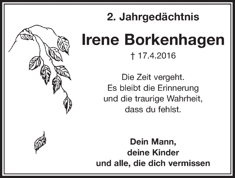  Traueranzeige für Irene Borkenhagen vom 11.04.2018 aus  Schlossbote/Werbekurier 