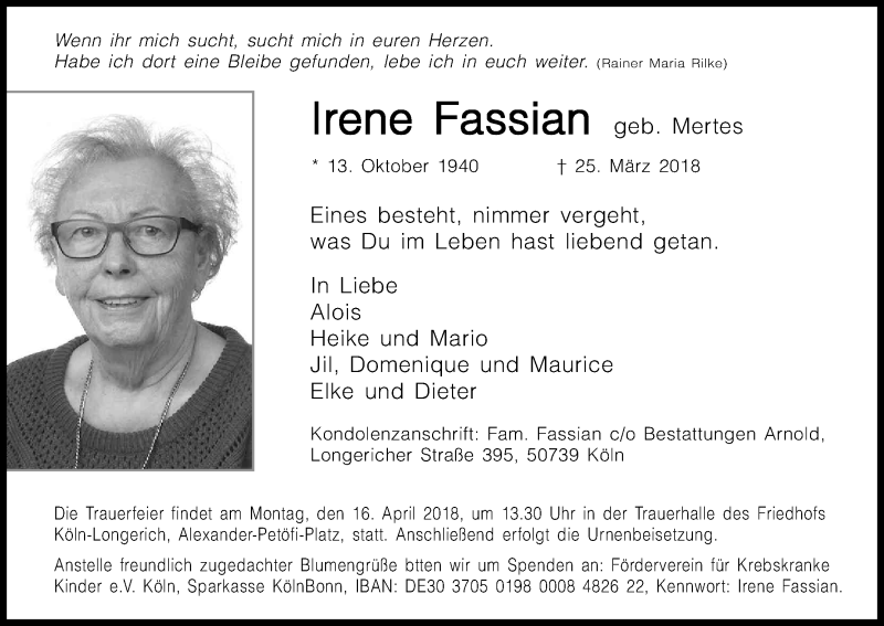  Traueranzeige für Irene Fassian vom 07.04.2018 aus Kölner Stadt-Anzeiger / Kölnische Rundschau / Express