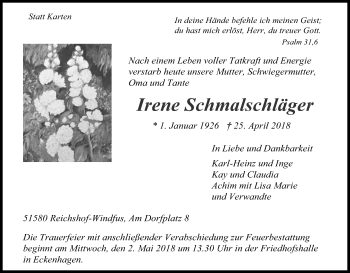 Anzeige von Irene Schmalschläger von Kölner Stadt-Anzeiger / Kölnische Rundschau / Express
