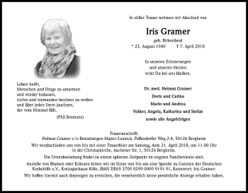 Anzeige von Iris Gramer von Kölner Stadt-Anzeiger / Kölnische Rundschau / Express