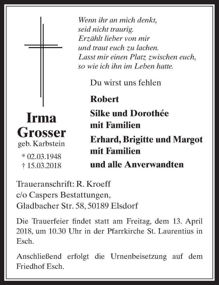  Traueranzeige für Irma Grosser vom 11.04.2018 aus  Werbepost 