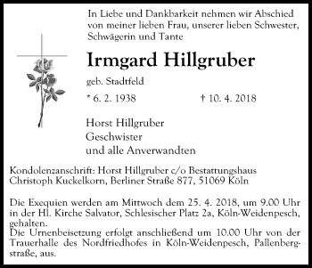 Anzeige von Irmgard Hillgruber von Kölner Stadt-Anzeiger / Kölnische Rundschau / Express
