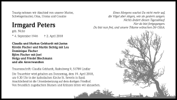 Anzeige von Irmgard Peters von Kölner Stadt-Anzeiger / Kölnische Rundschau / Express