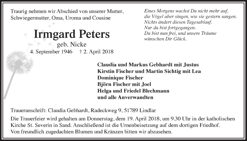  Traueranzeige für Irmgard Peters vom 11.04.2018 aus  Bergisches Handelsblatt 