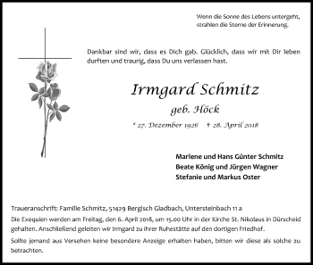 Anzeige von Irmgard Schmitz von Kölner Stadt-Anzeiger / Kölnische Rundschau / Express