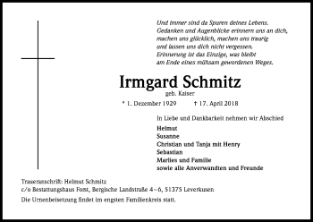 Anzeige von Irmgard Schmitz von Kölner Stadt-Anzeiger / Kölnische Rundschau / Express