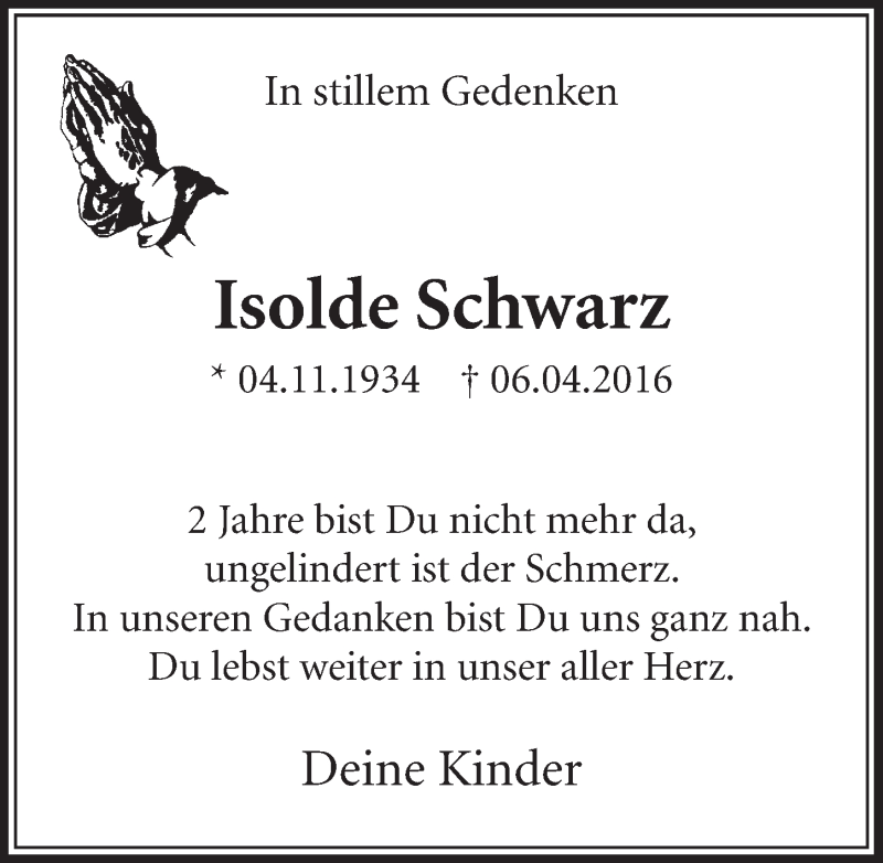  Traueranzeige für Isolde Schwarz vom 07.04.2018 aus  Sonntags-Post 