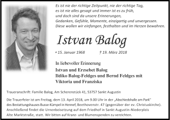 Anzeige von Istvan Balog von Kölner Stadt-Anzeiger / Kölnische Rundschau / Express