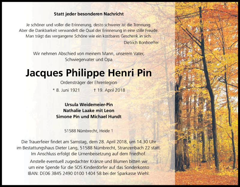  Traueranzeige für Jacques Philippe Henri Pin vom 25.04.2018 aus Kölner Stadt-Anzeiger / Kölnische Rundschau / Express