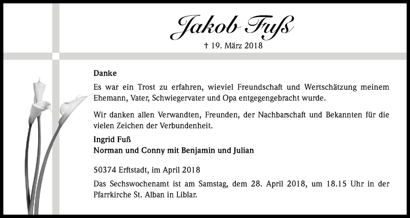  Traueranzeige für Jakob Fuß vom 20.04.2018 aus Kölner Stadt-Anzeiger / Kölnische Rundschau / Express