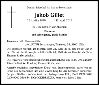 Anzeige von Jakob Gillet von Kölner Stadt-Anzeiger / Kölnische Rundschau / Express