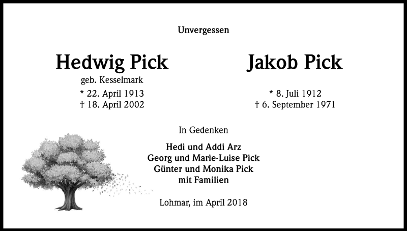  Traueranzeige für Jakob Pick vom 18.04.2018 aus Kölner Stadt-Anzeiger / Kölnische Rundschau / Express