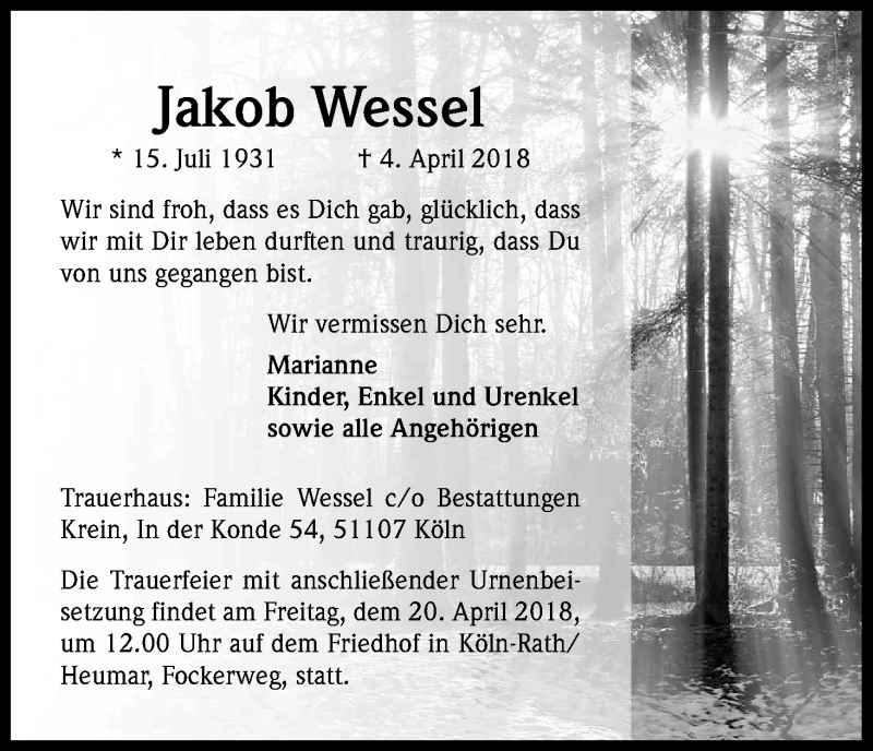  Traueranzeige für Jakob Wessel vom 14.04.2018 aus Kölner Stadt-Anzeiger / Kölnische Rundschau / Express