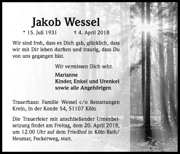 Anzeige von Jakob Wessel von Kölner Stadt-Anzeiger / Kölnische Rundschau / Express