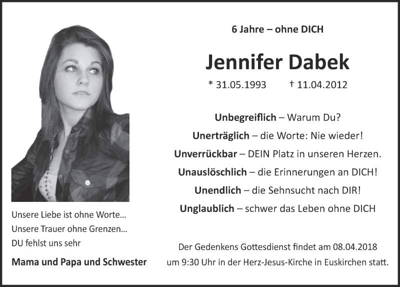  Traueranzeige für Jennifer Dabek vom 07.04.2018 aus  Blickpunkt Euskirchen 