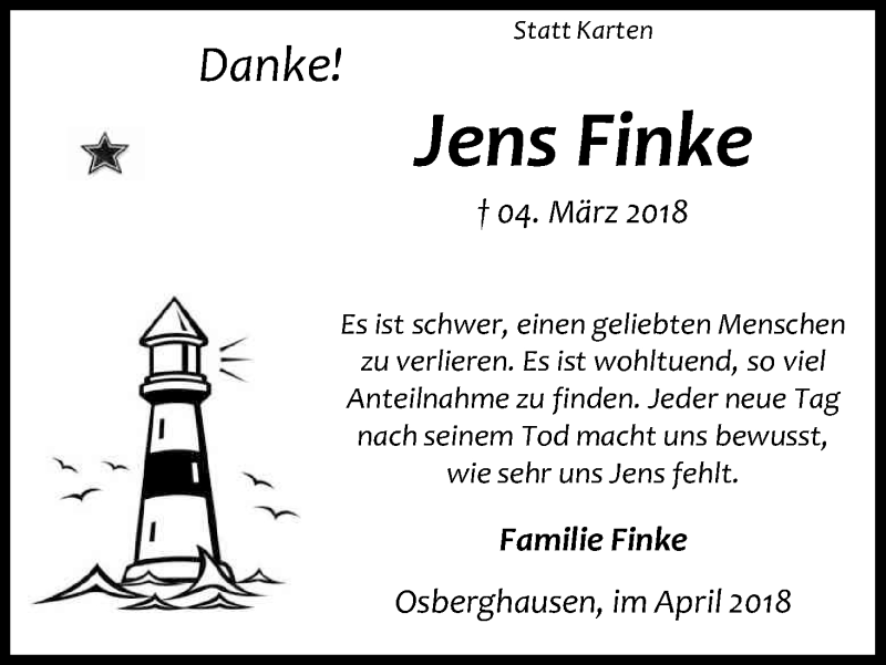  Traueranzeige für Jens Finke vom 21.04.2018 aus Kölner Stadt-Anzeiger / Kölnische Rundschau / Express