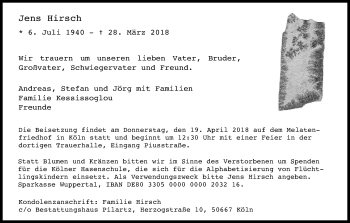 Anzeige von Jens Hirsch von Kölner Stadt-Anzeiger / Kölnische Rundschau / Express