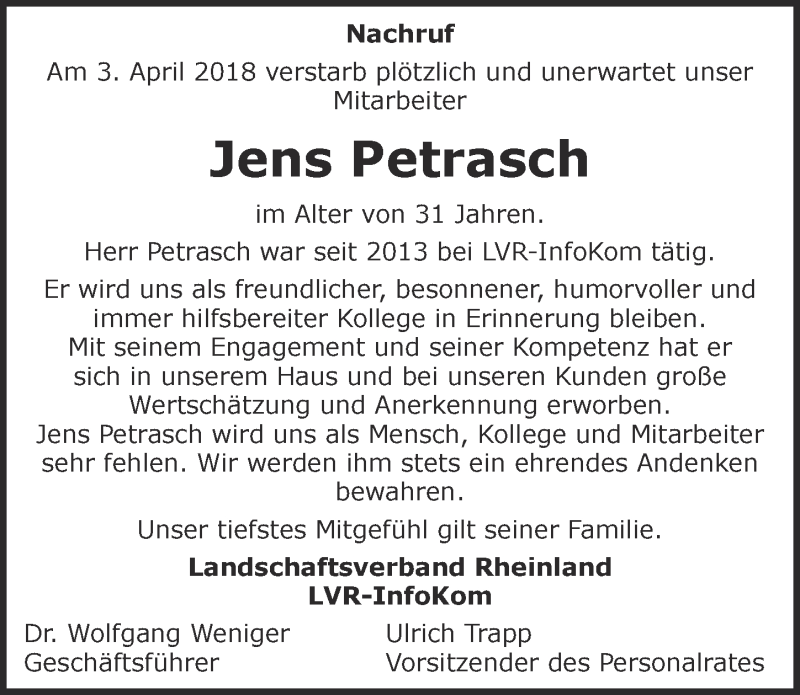  Traueranzeige für Jens Petrasch vom 14.04.2018 aus  Blickpunkt Euskirchen 