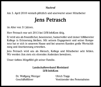 Anzeige von Jens Petrasch von Kölner Stadt-Anzeiger / Kölnische Rundschau / Express