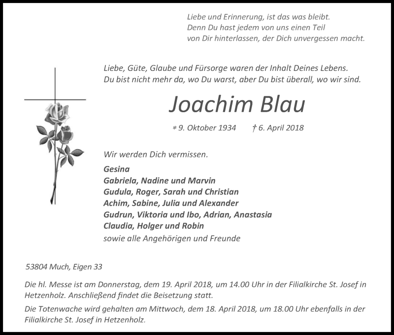  Traueranzeige für Joachim Blau vom 14.04.2018 aus Kölner Stadt-Anzeiger / Kölnische Rundschau / Express
