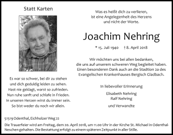 Anzeige von Joachim Nehring von Kölner Stadt-Anzeiger / Kölnische Rundschau / Express