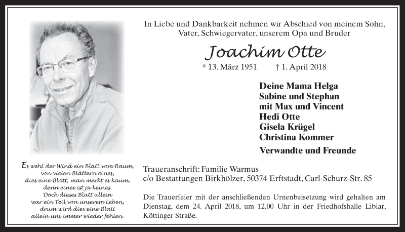 Traueranzeige für Joachim Otte vom 18.04.2018 aus  Werbepost 
