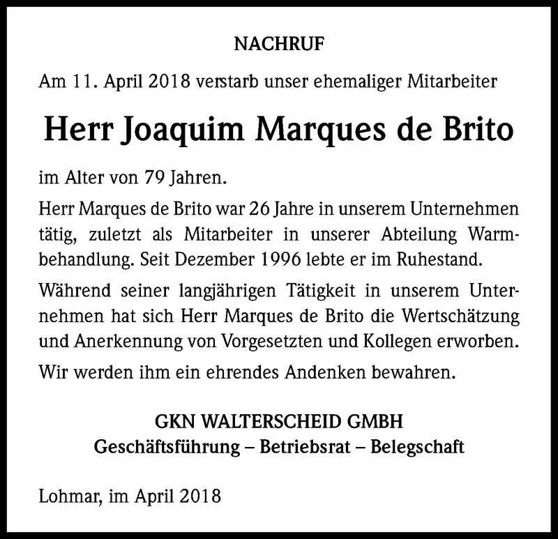  Traueranzeige für Joaquim Marques  de Brito vom 19.04.2018 aus Kölner Stadt-Anzeiger / Kölnische Rundschau / Express