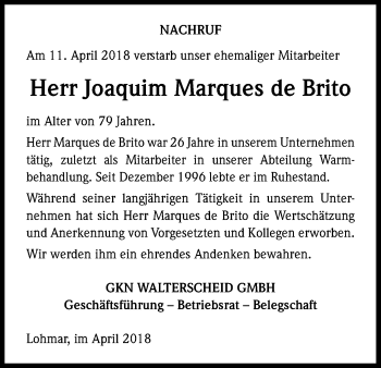 Anzeige von Joaquim Marques  de Brito von Kölner Stadt-Anzeiger / Kölnische Rundschau / Express