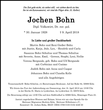 Anzeige von Jochen Bohn von Kölner Stadt-Anzeiger / Kölnische Rundschau / Express