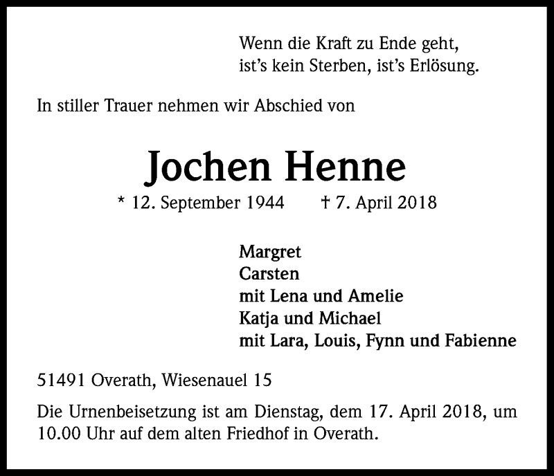  Traueranzeige für Jochen Henne vom 11.04.2018 aus Kölner Stadt-Anzeiger / Kölnische Rundschau / Express