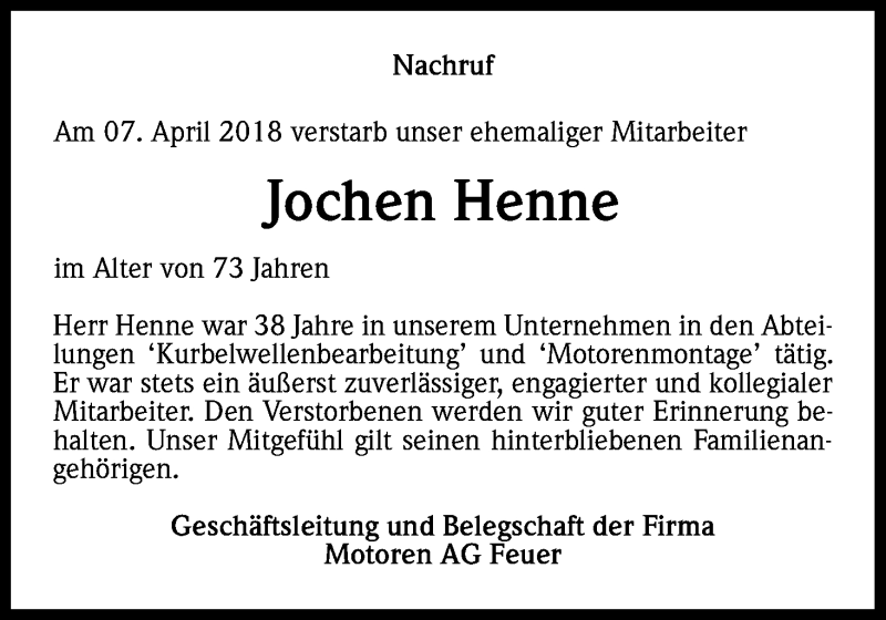  Traueranzeige für Jochen Henne vom 16.04.2018 aus Kölner Stadt-Anzeiger / Kölnische Rundschau / Express