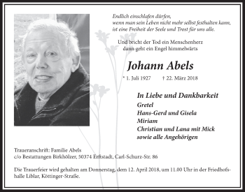 Anzeige von Johann Abels von  Sonntags-Post 